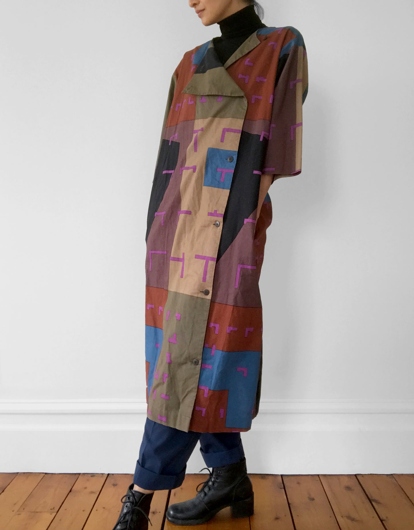 1980s Marimekko Button-Front Made in Finland Patterned Duster Dress