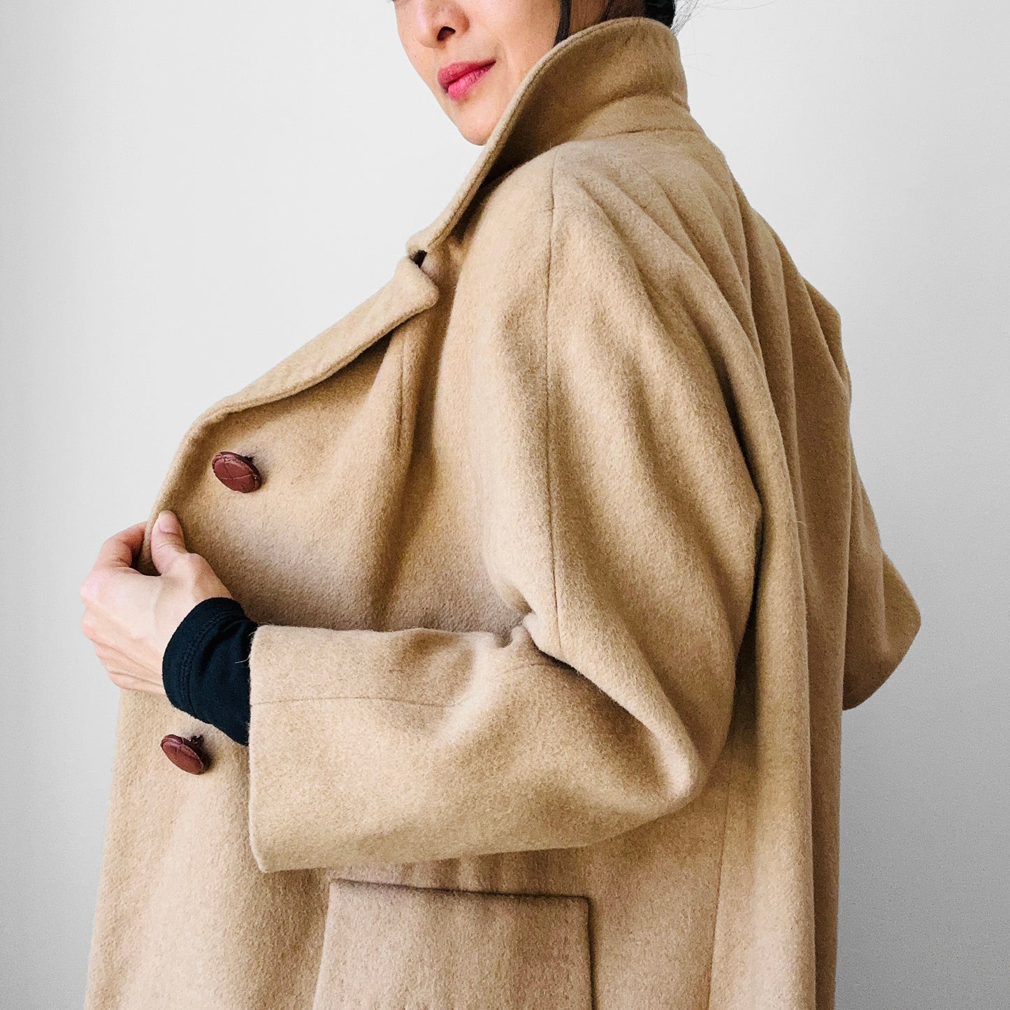 1950s-1960s Made in England Tan Camel Wool Leather Button Shift Coat - Sz. S