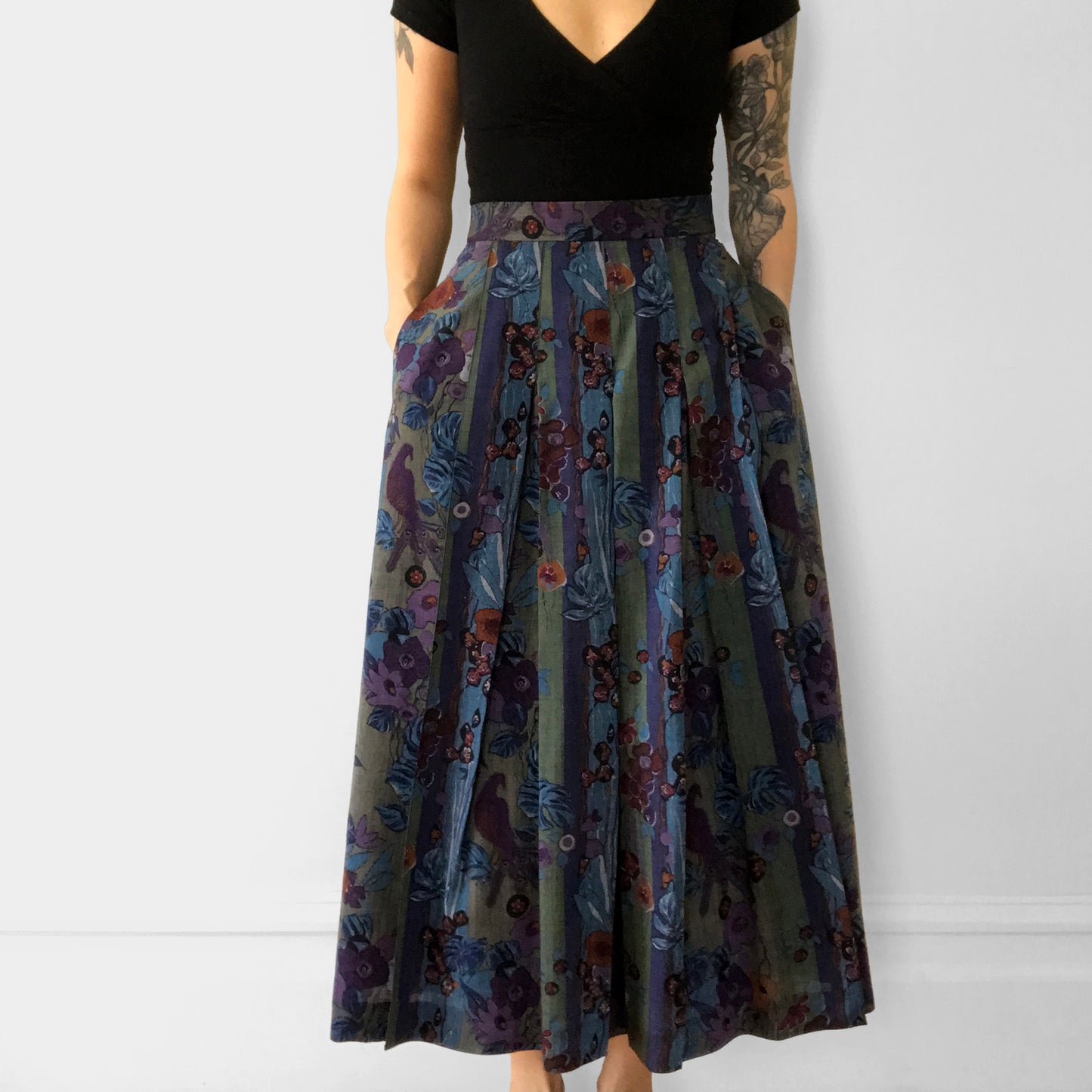 1980s Made in Austria Pure New Wool Floral and Bird Pleated Skirt