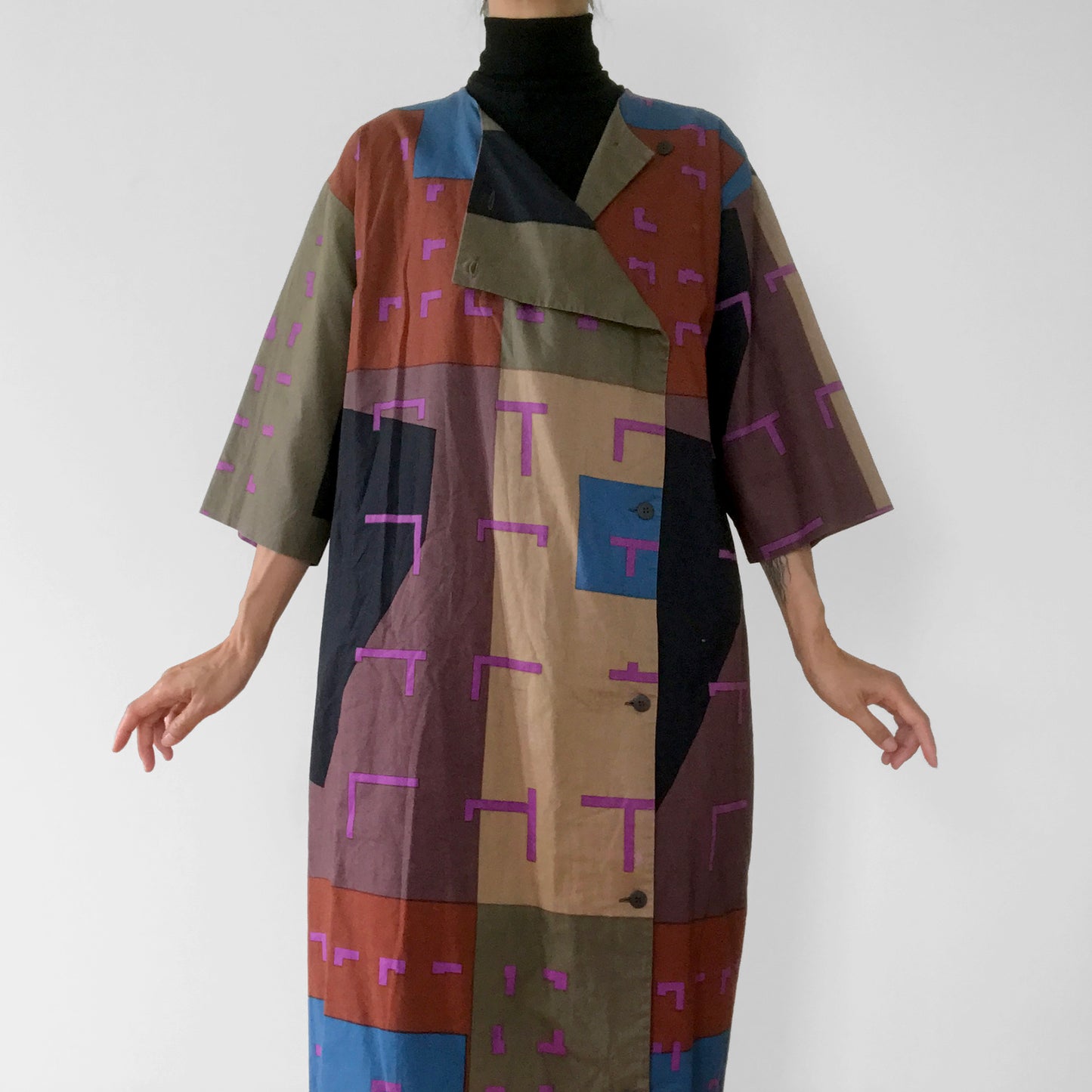 1980s Marimekko Button-Front Made in Finland Patterned Duster Dress