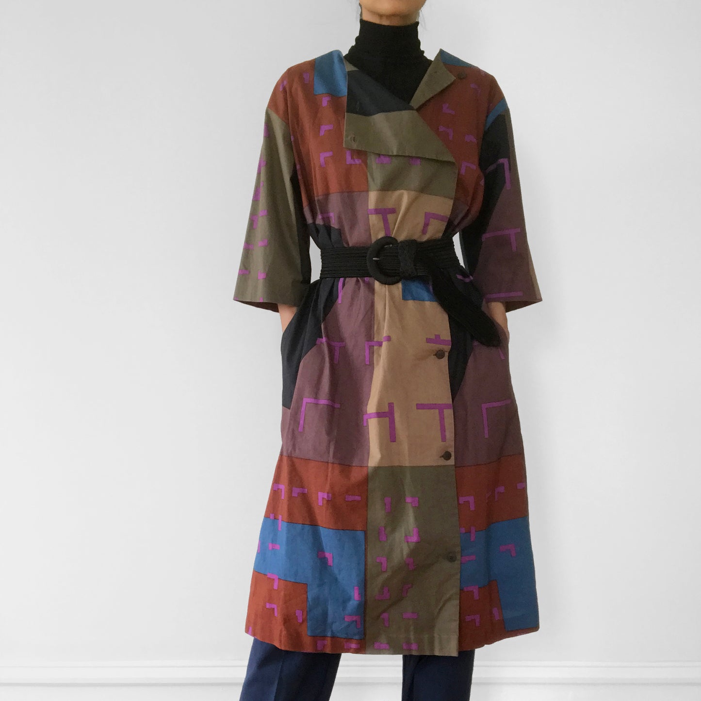 1980s Marimekko Button-Front Made in Finland Patterned Duster Dress