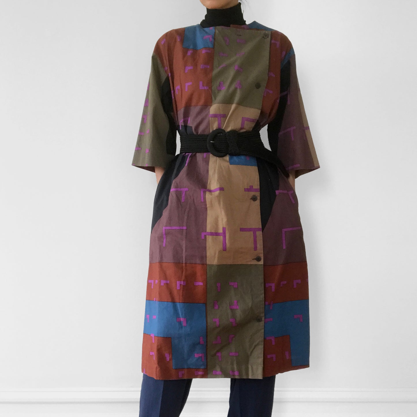 1980s Marimekko Button-Front Made in Finland Patterned Duster Dress