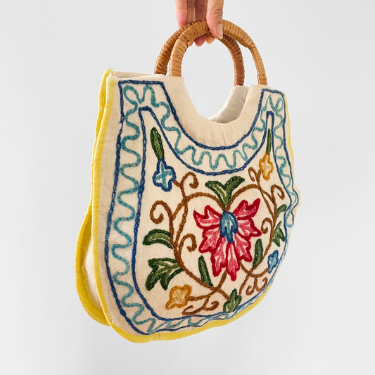 1960s Hand Embroidered Wool Straw Handle Handbag