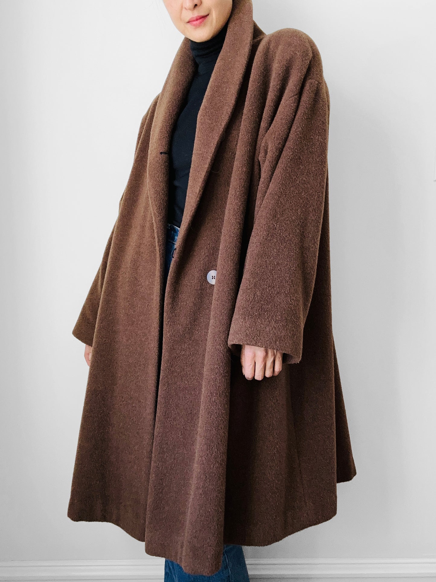 1980s - 1990s Milk Chocolate Brown Soft Alpaca Wool A-Line Dress Coat - S/M/L