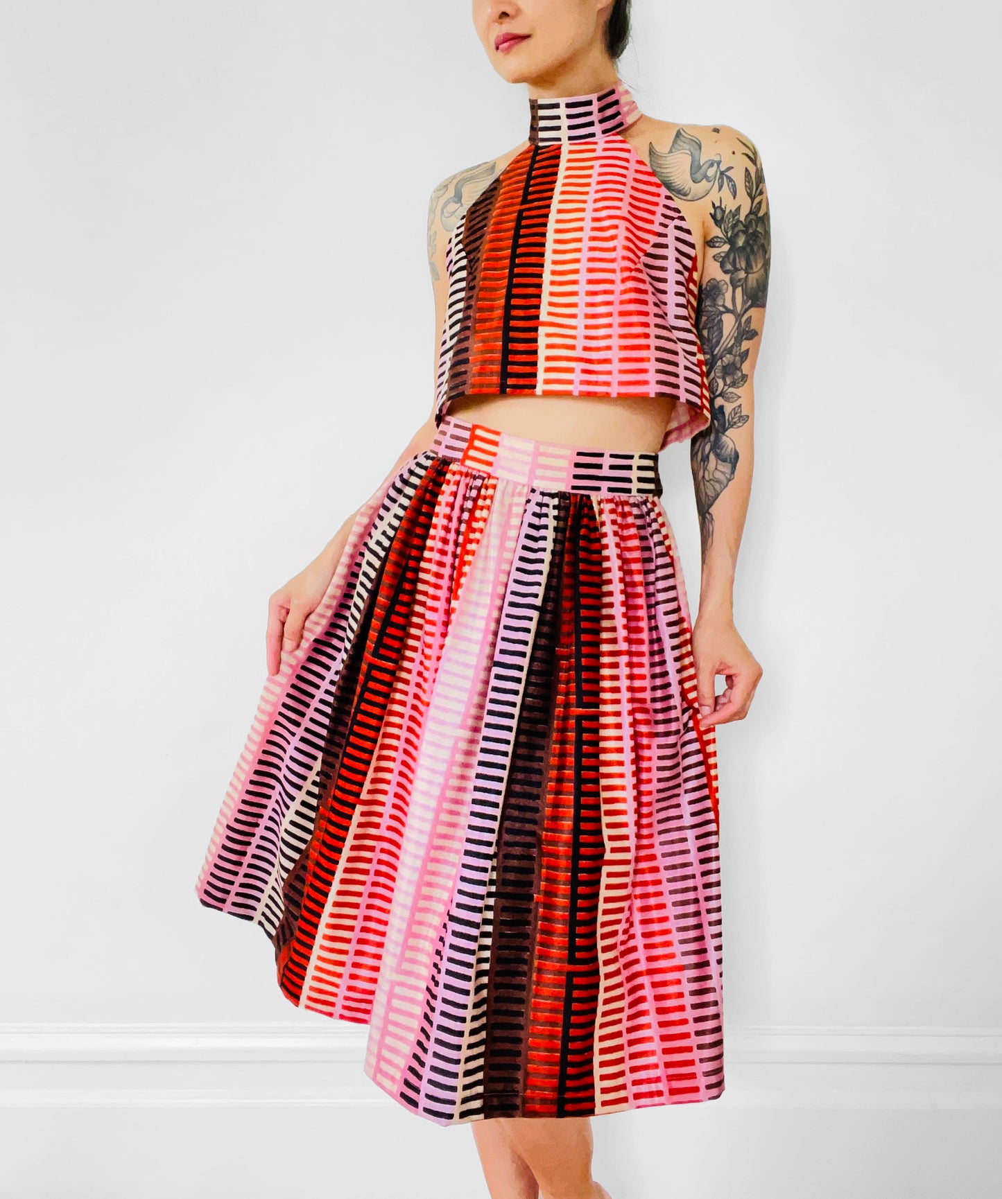 Made-By-Me 1970s Upcycled Reworked Handmade Stripe Skirt Halter-Top Hairband Set