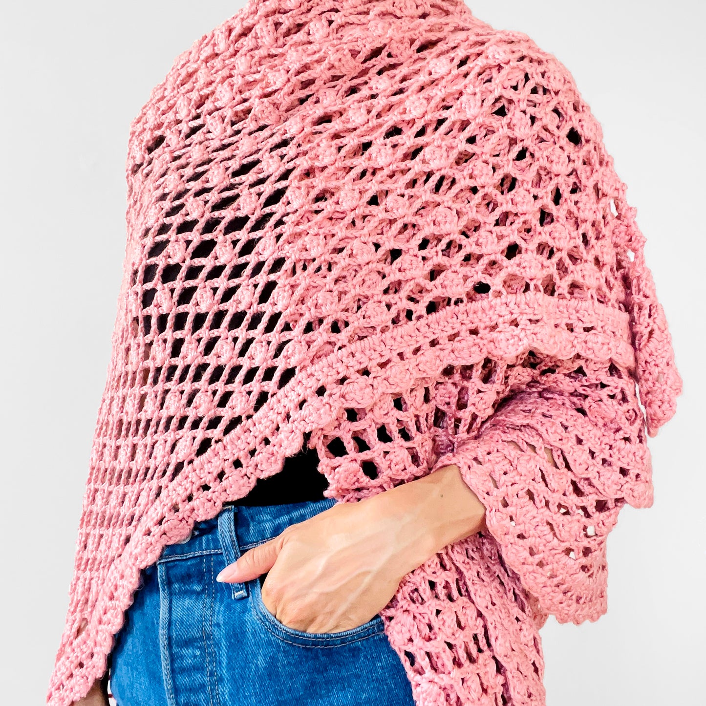 Rose Pink Crochet Knit Shawl