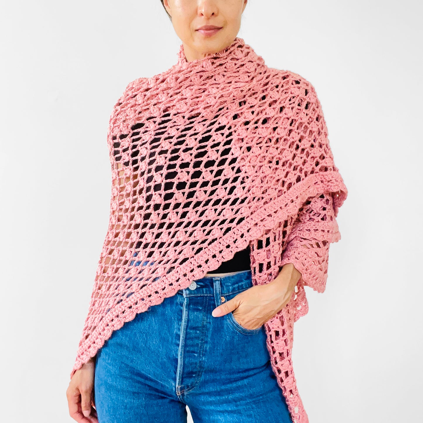 Rose Pink Crochet Knit Shawl