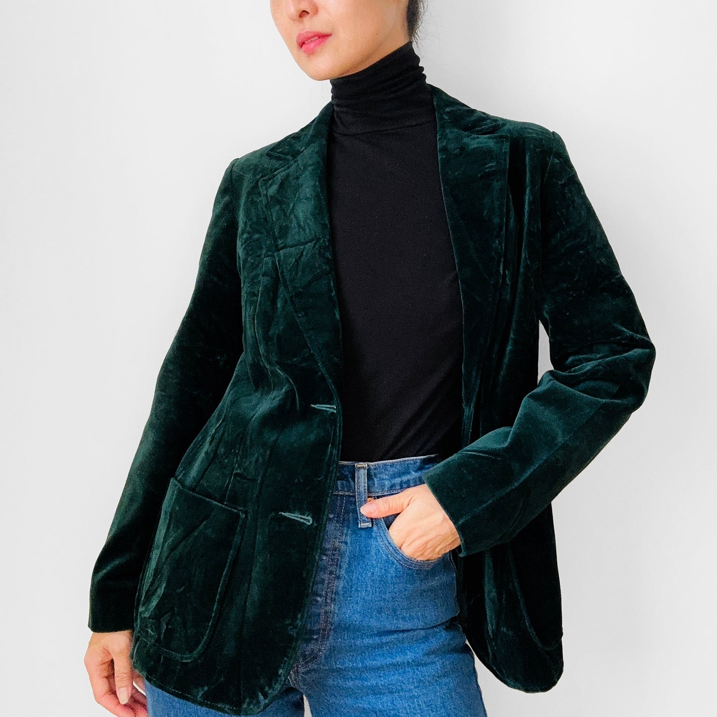 1970s Made in Canada Emerald Green Crushed Velvet Lined Blazer Jacket - Sz. S