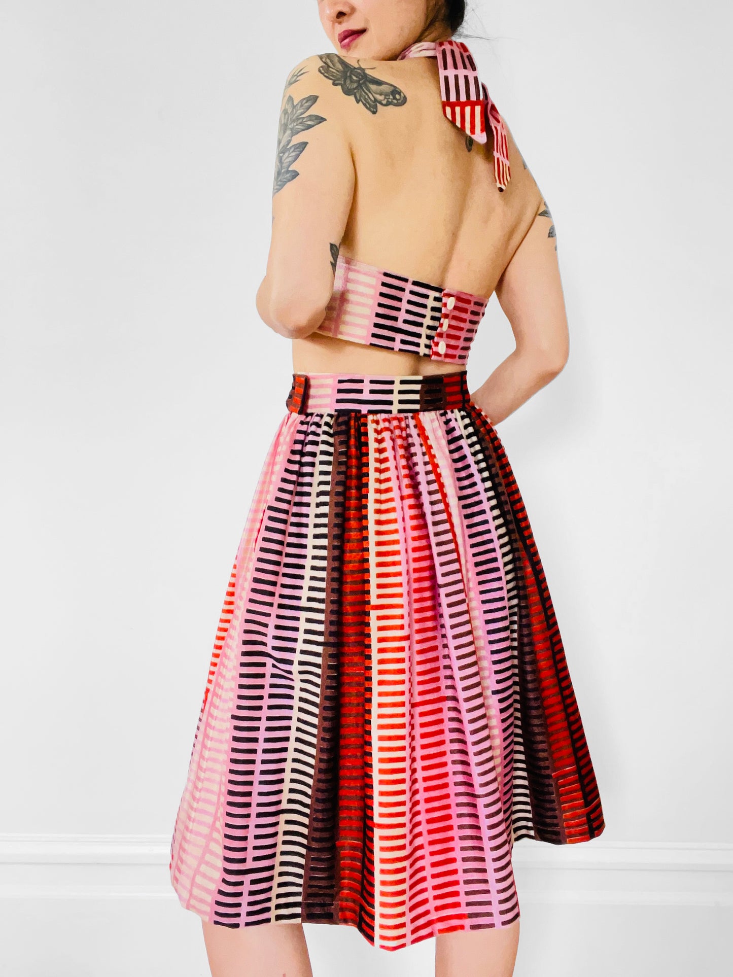 Made-By-Me 1970s Upcycled Reworked Handmade Stripe Skirt Halter-Top Hairband Set