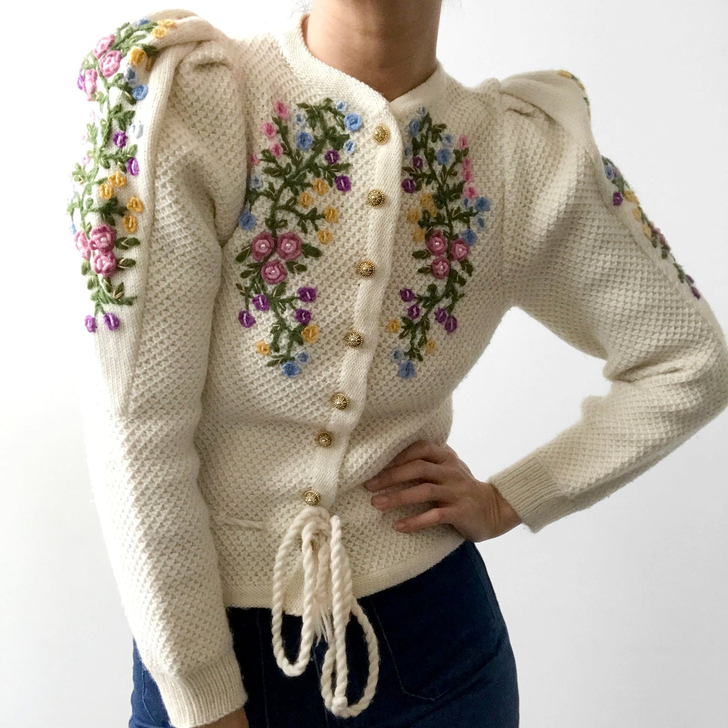 1970s Floral Embroidered Knit Puff-Sleeve Wool Cardigan