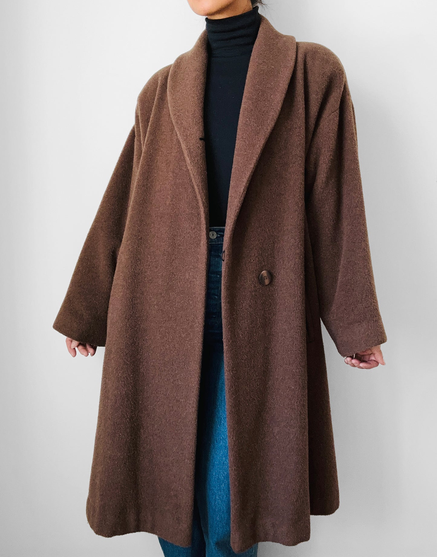 1980s - 1990s Milk Chocolate Brown Soft Alpaca Wool A-Line Dress Coat - S/M/L