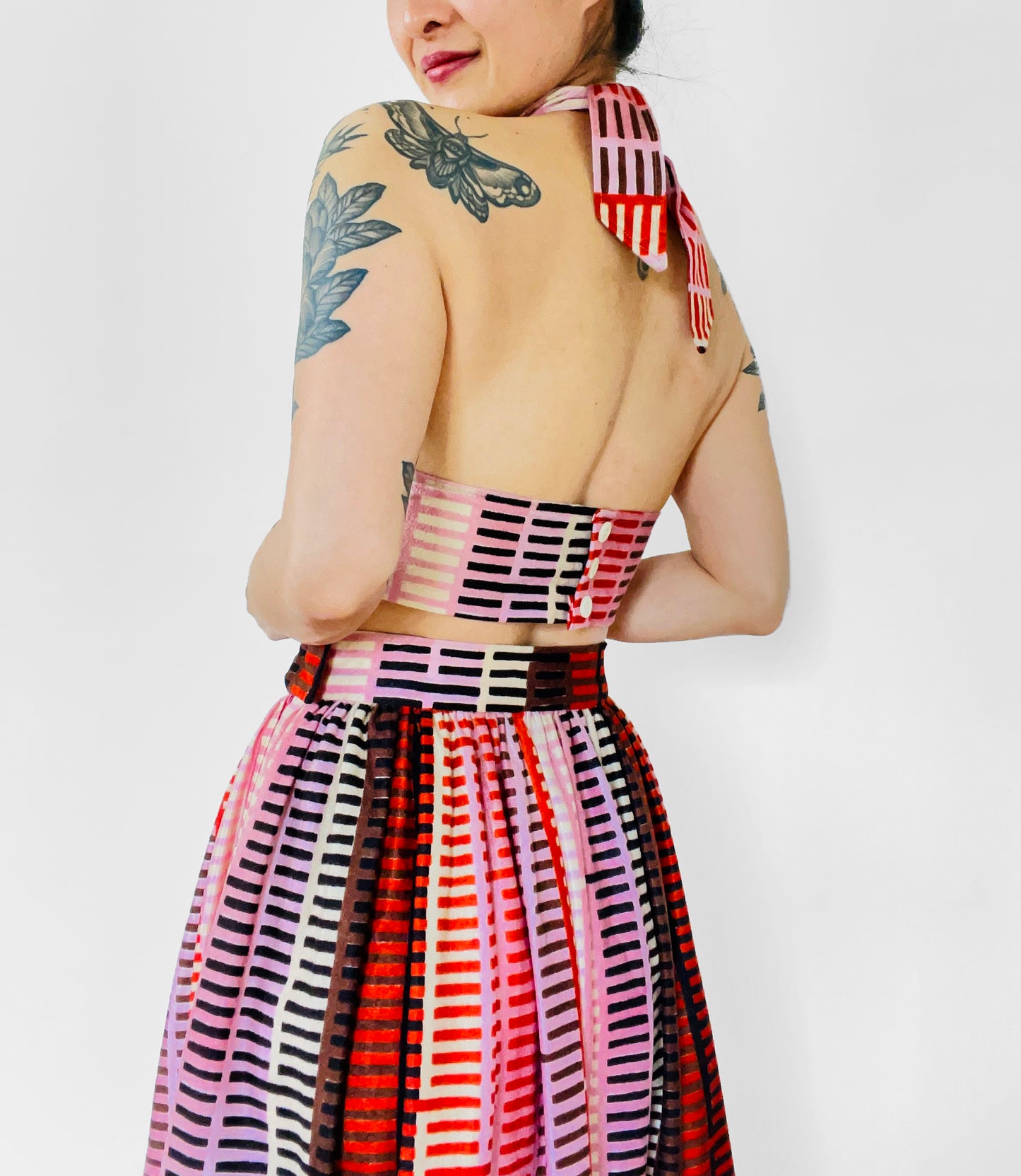 Made-By-Me 1970s Upcycled Reworked Handmade Stripe Skirt Halter-Top Hairband Set