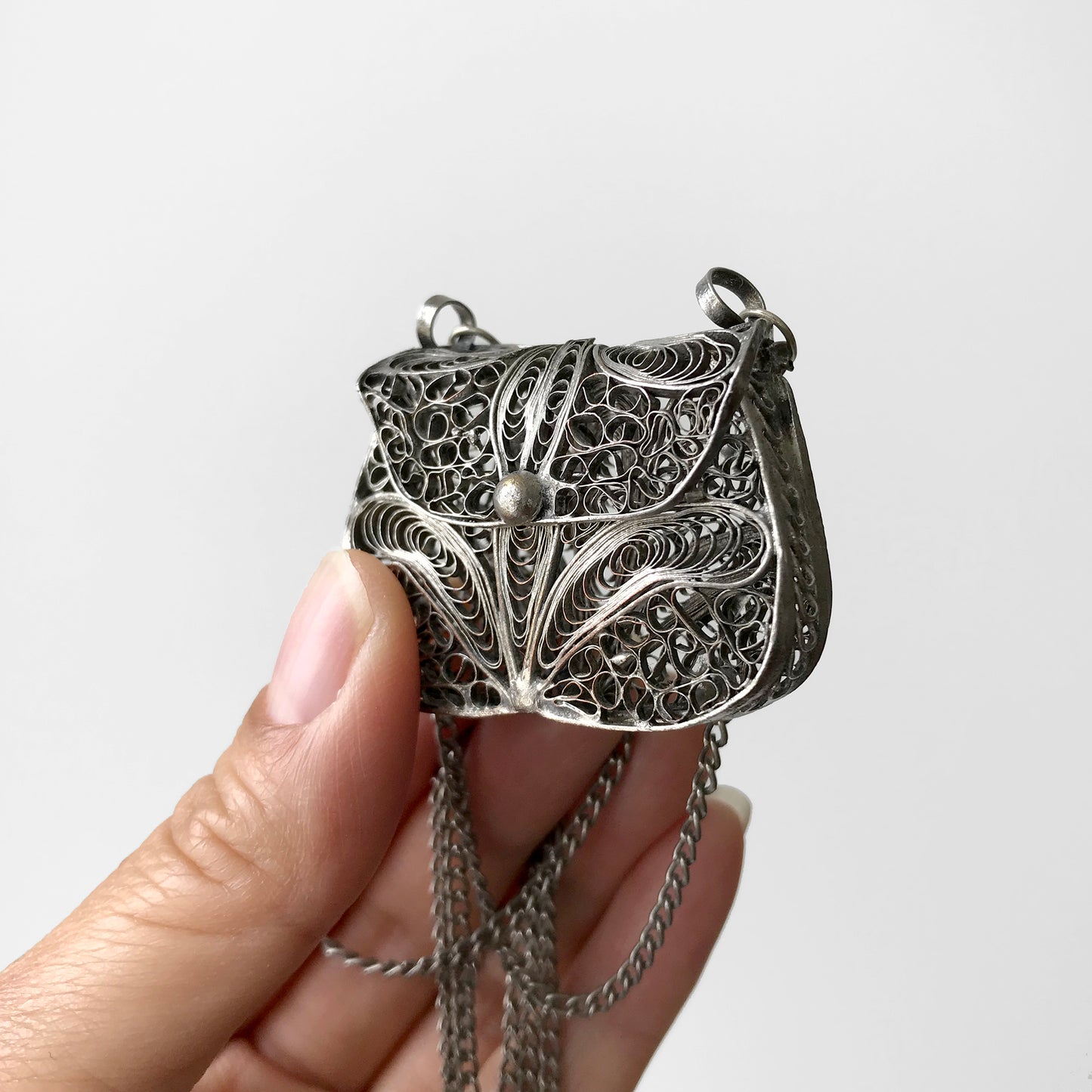 Vintage, Silver-Toned, Silver, Filigree, Purse, Keepsake, Charm, Long, Necklace