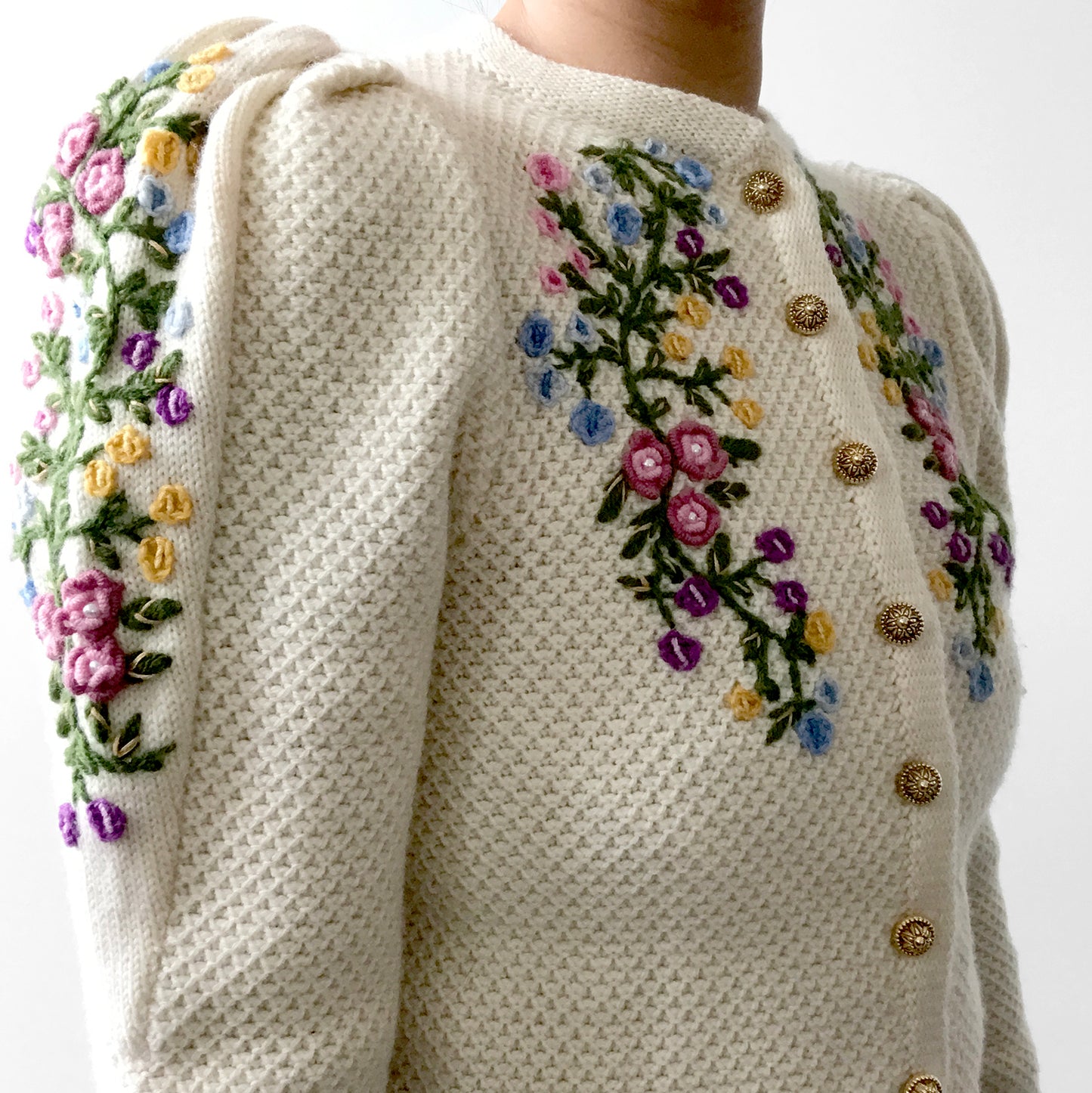 1970s Floral Embroidered Knit Puff-Sleeve Wool Sweater