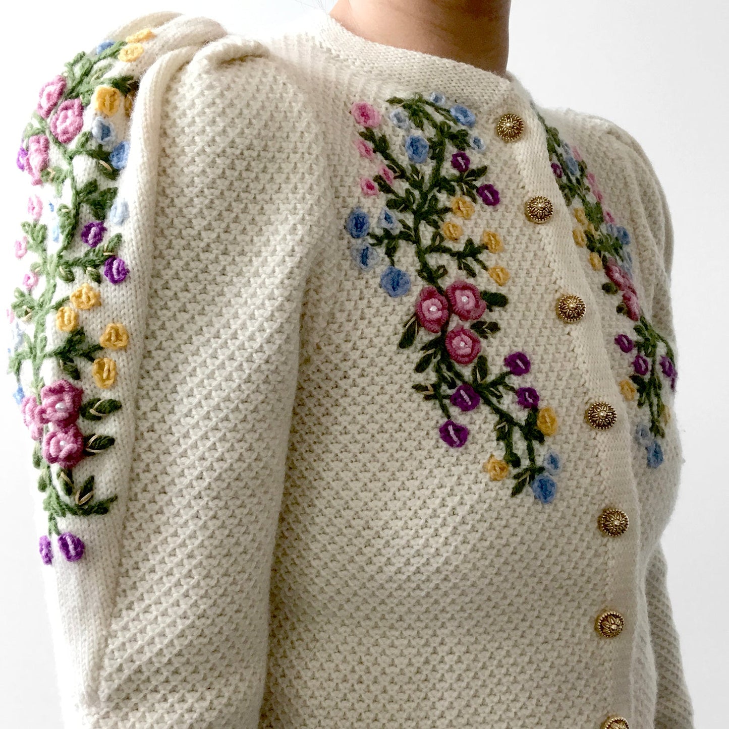 1970s Floral Embroidered Knit Puff-Sleeve Wool Cardigan