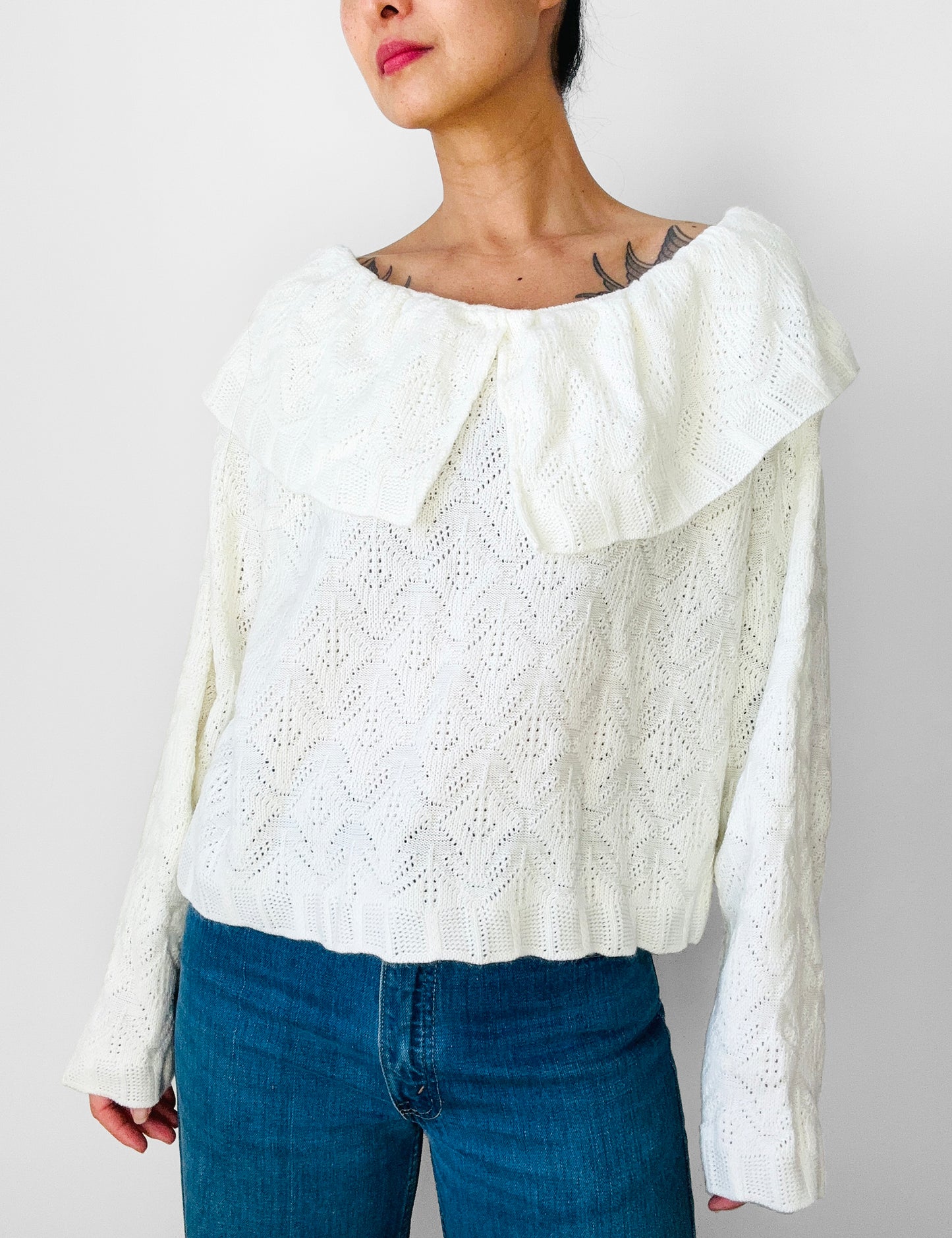 1980s White Knit Exaggerated Collar Relaxed Fitting Sweater Top