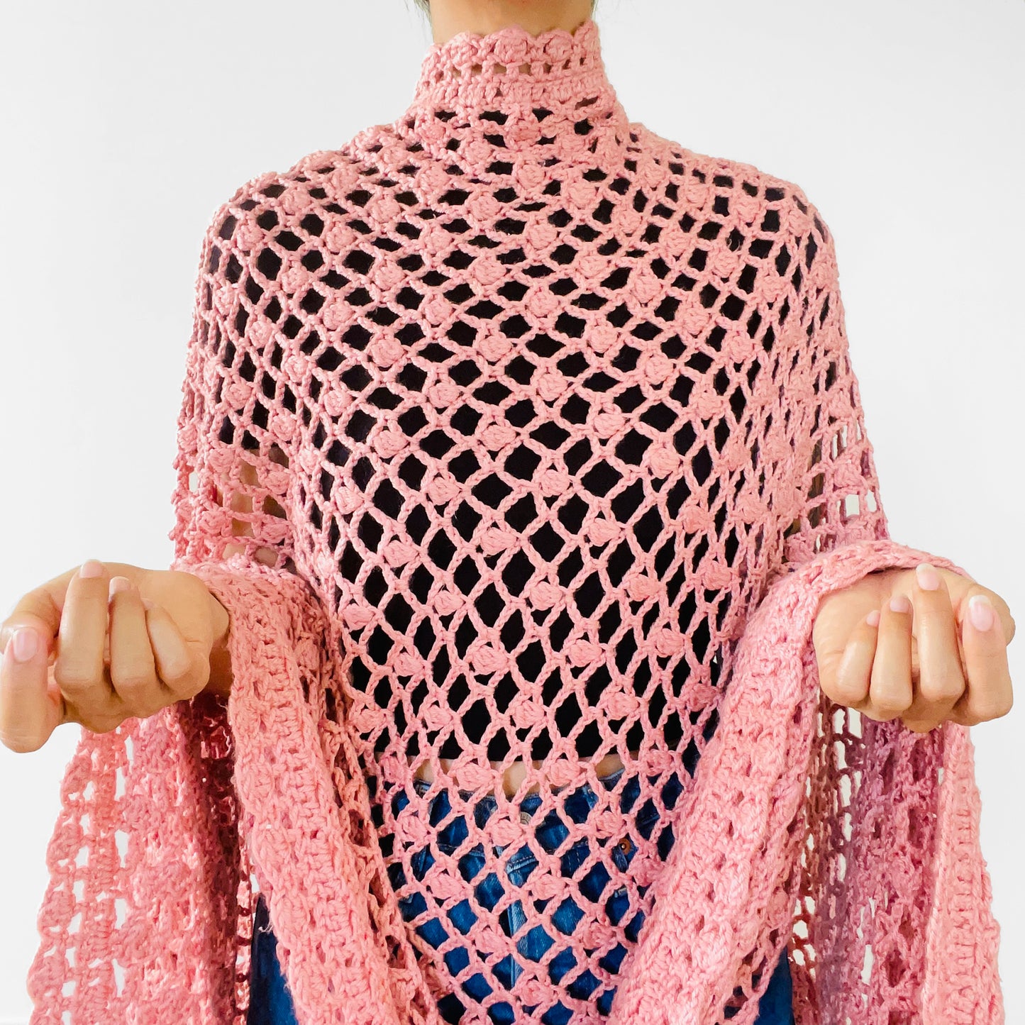 Rose Pink Crochet Knit Shawl