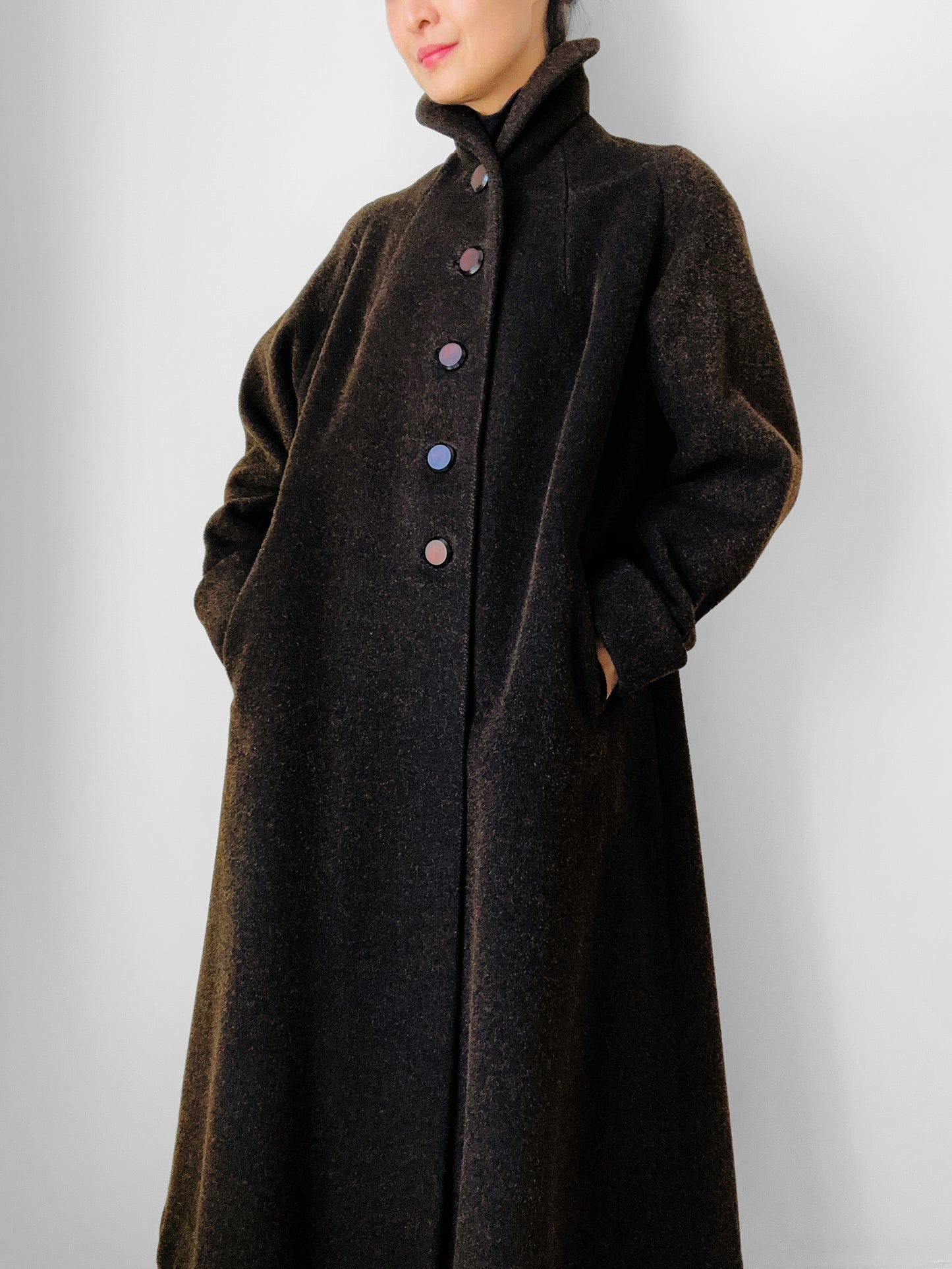 1940s Dark Brown Long Heavy Wool A-Line Dress Coat - S/M