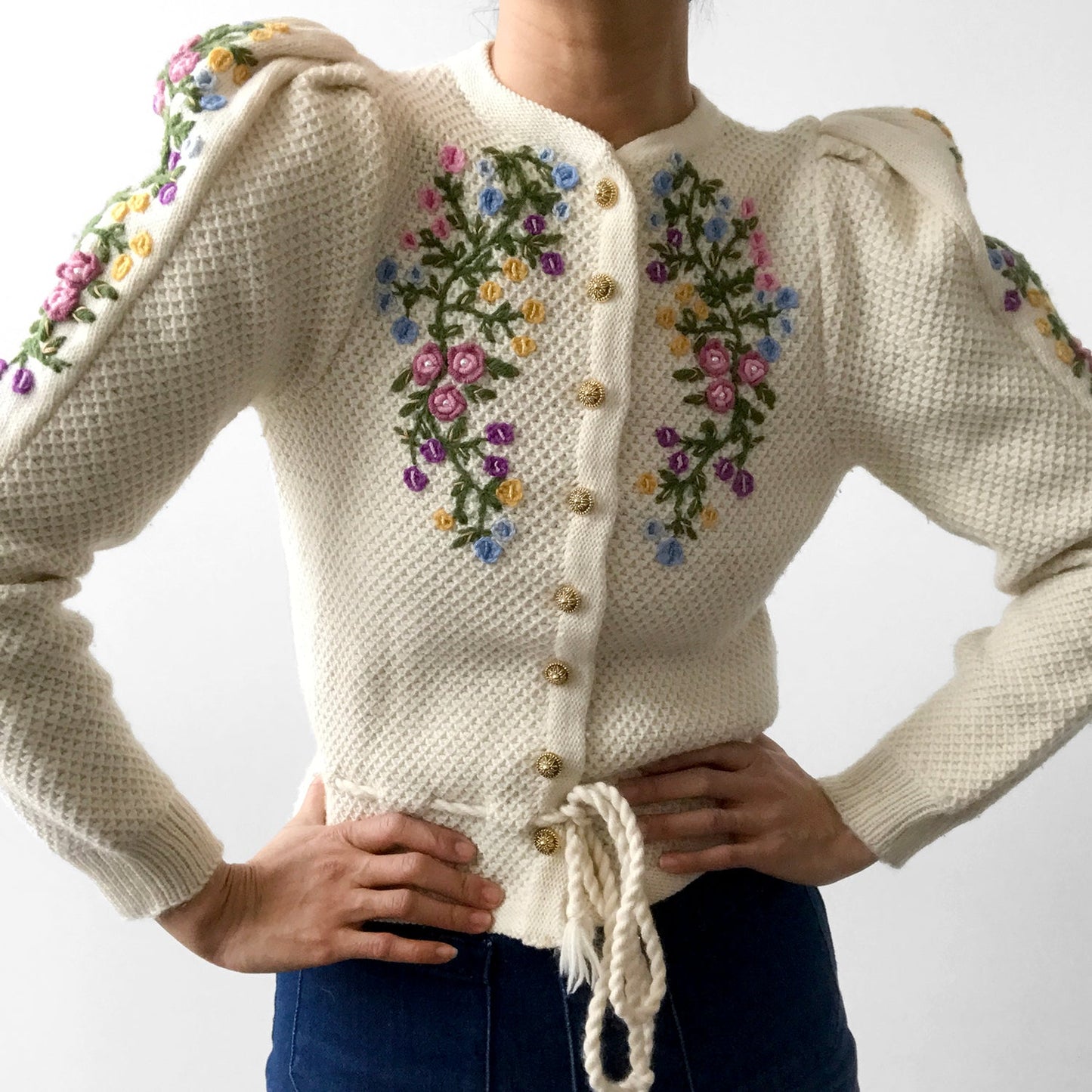 1970s Floral Embroidered Knit Puff-Sleeve Wool Cardigan