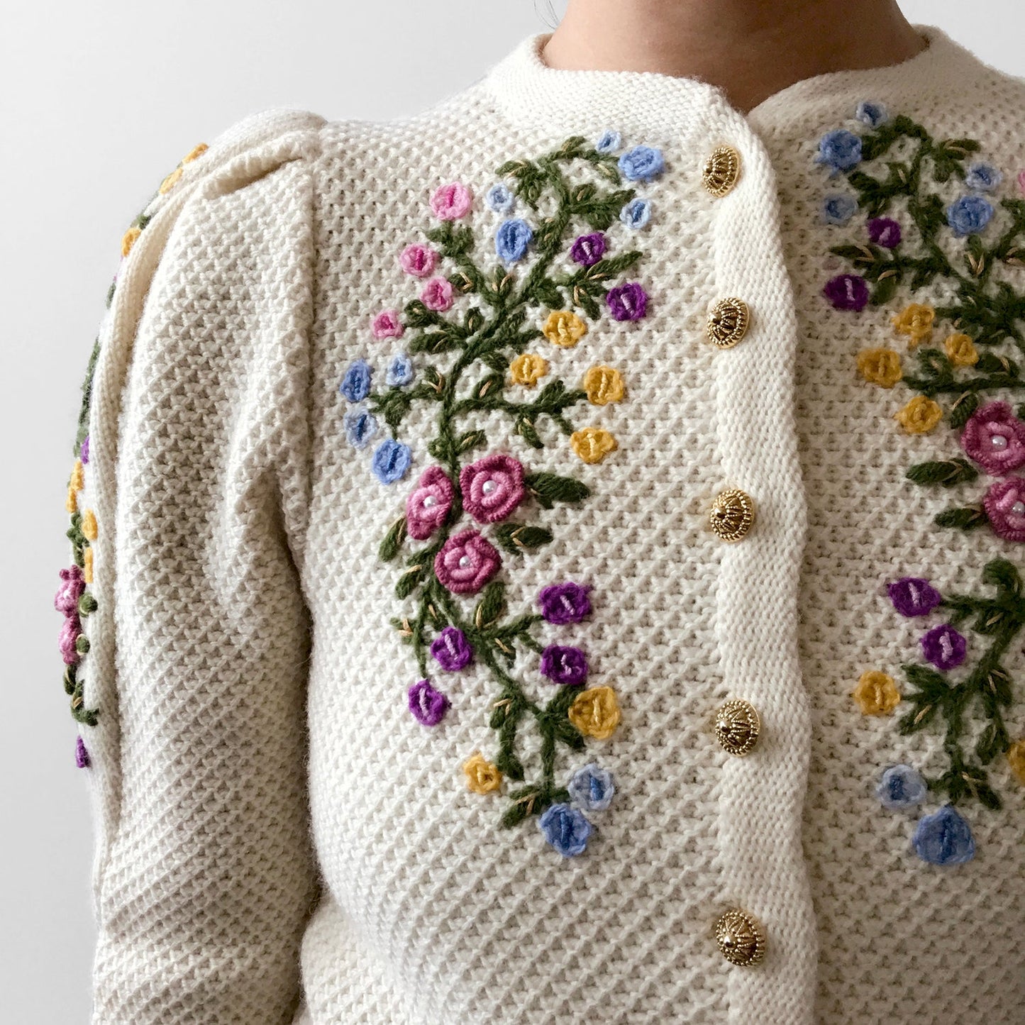 1970s Floral Embroidered Knit Puff-Sleeve Wool Cardigan