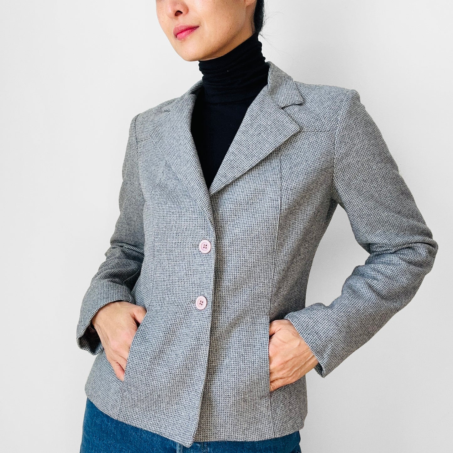 1970s Made in Canada Grey Wool Tweed Fitted Double-Button Blazer Jacket - XS/S