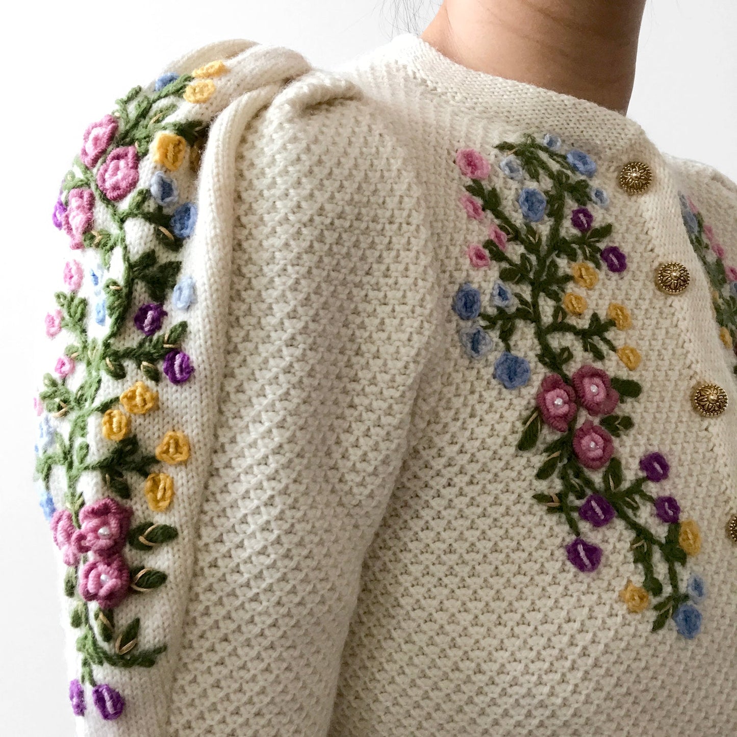 1970s Floral Embroidered Knit Puff-Sleeve Wool Cardigan