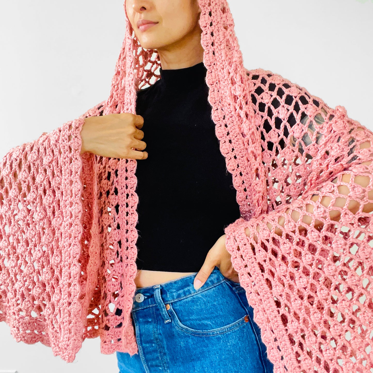 Rose Pink Crochet Knit Shawl