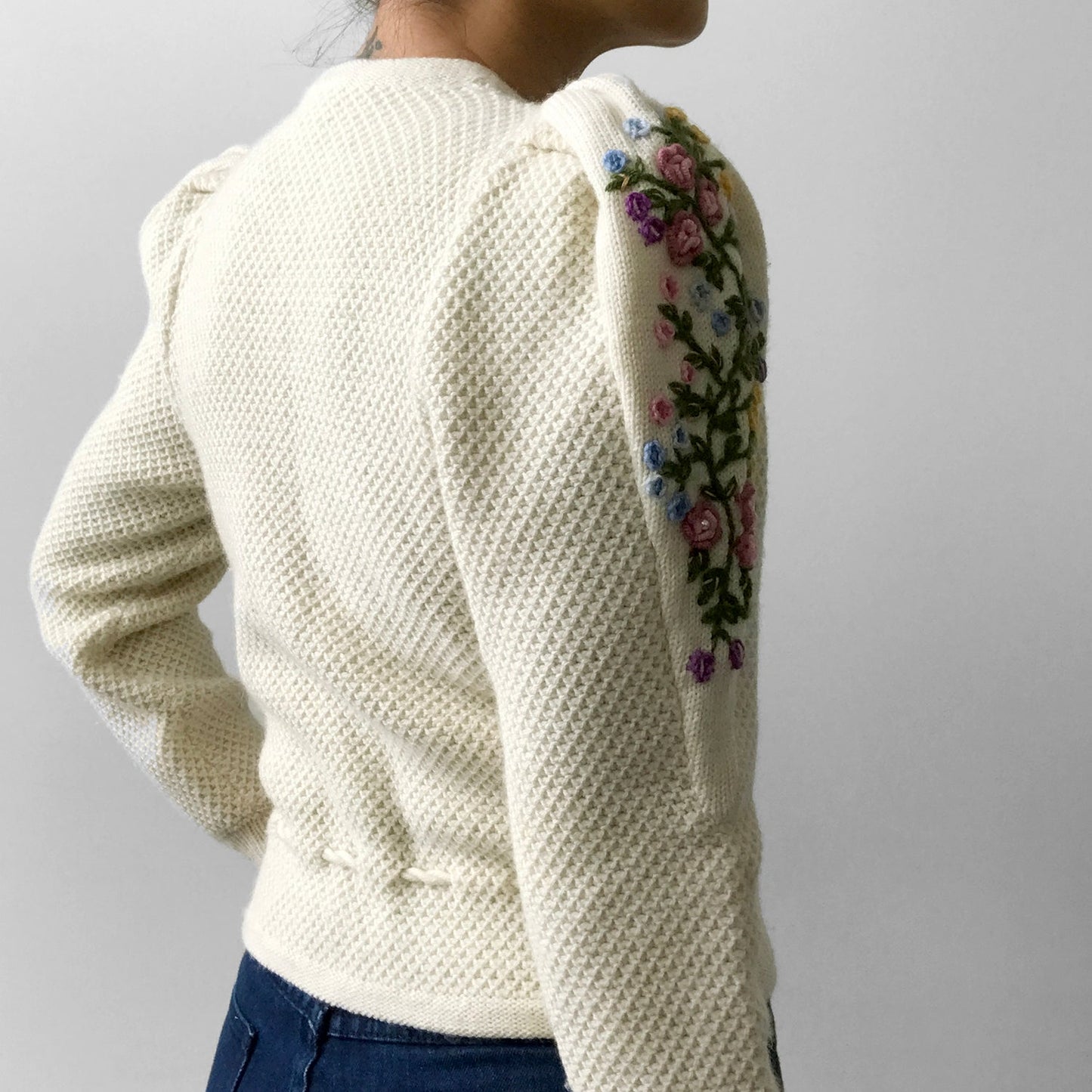 1970s Floral Embroidered Knit Puff-Sleeve Wool Cardigan