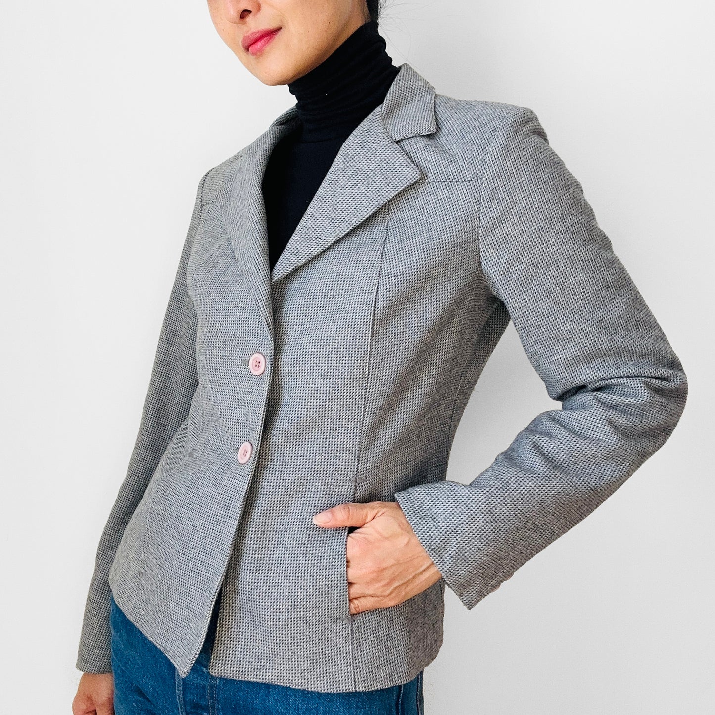 1970s Made in Canada Grey Wool Tweed Fitted Double-Button Blazer Jacket - XS/S