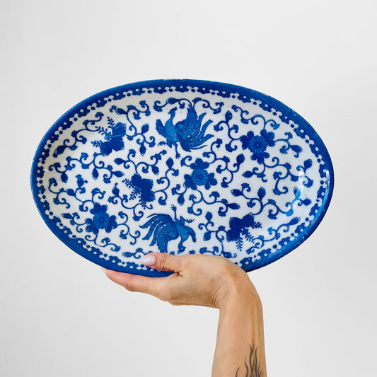 Made in Japan Blue and White Floral Oval Rooster Serving Platter