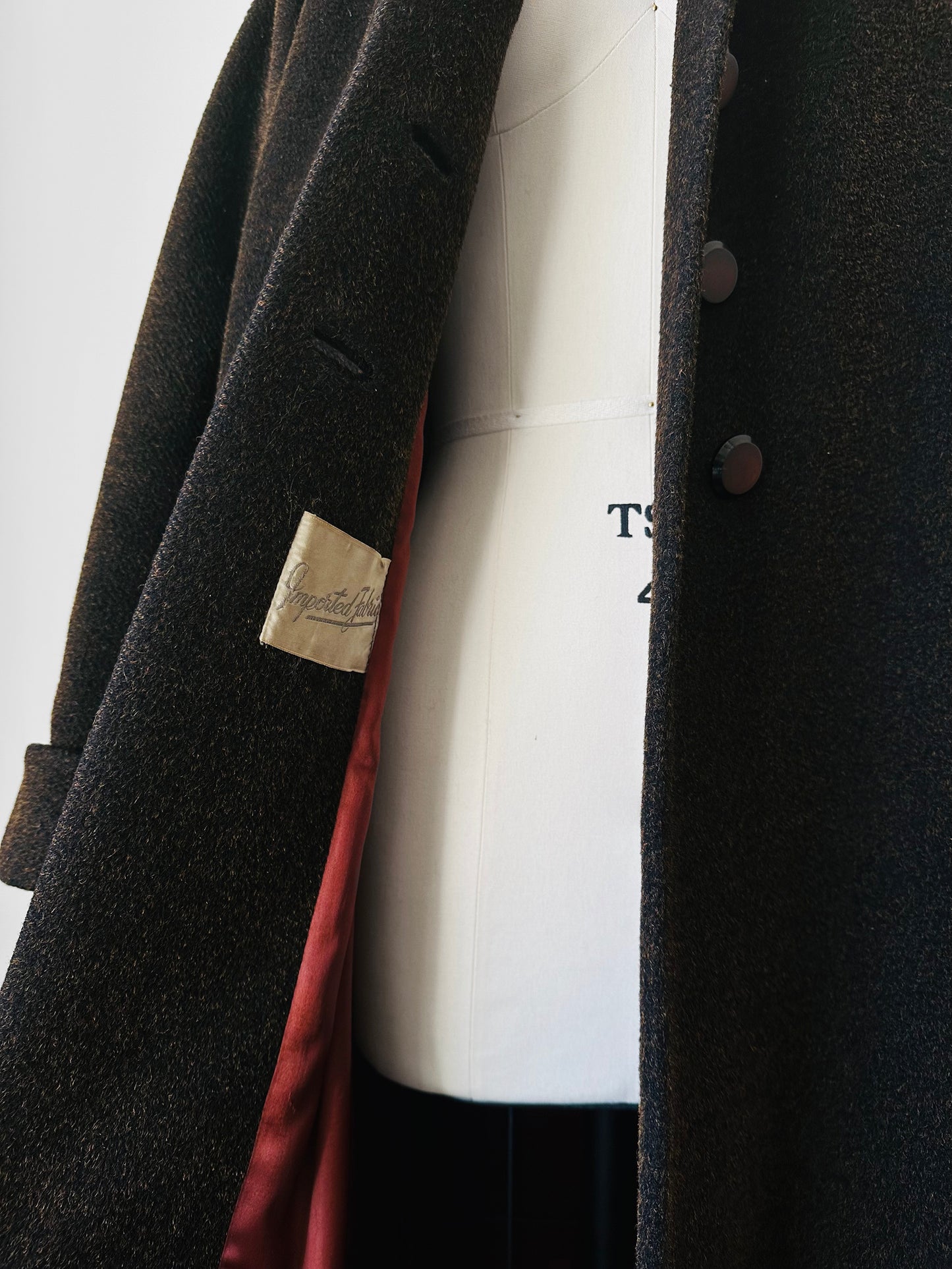 1940s Dark Brown Long Heavy Wool A-Line Dress Coat - S/M