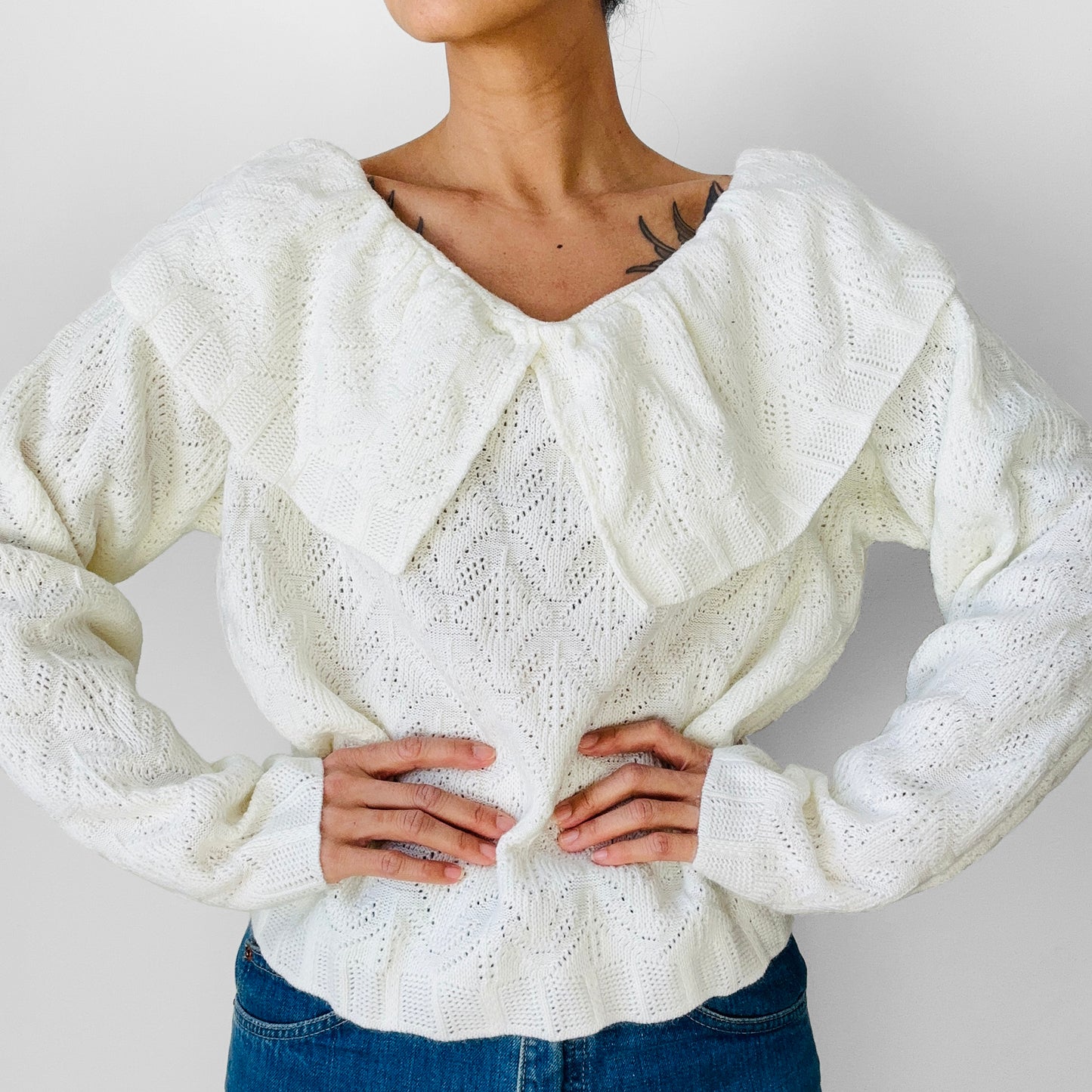 1980s White Knit Exaggerated Collar Relaxed Fitting Sweater Top