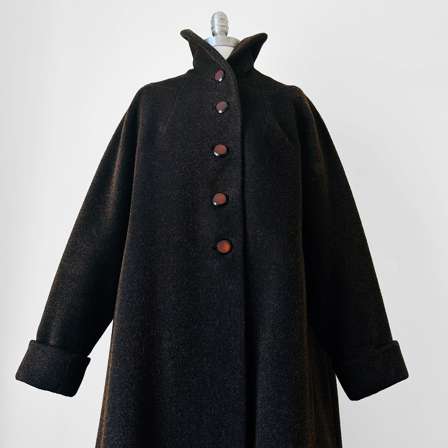 1940s Dark Brown Long Heavy Wool A-Line Dress Coat - S/M