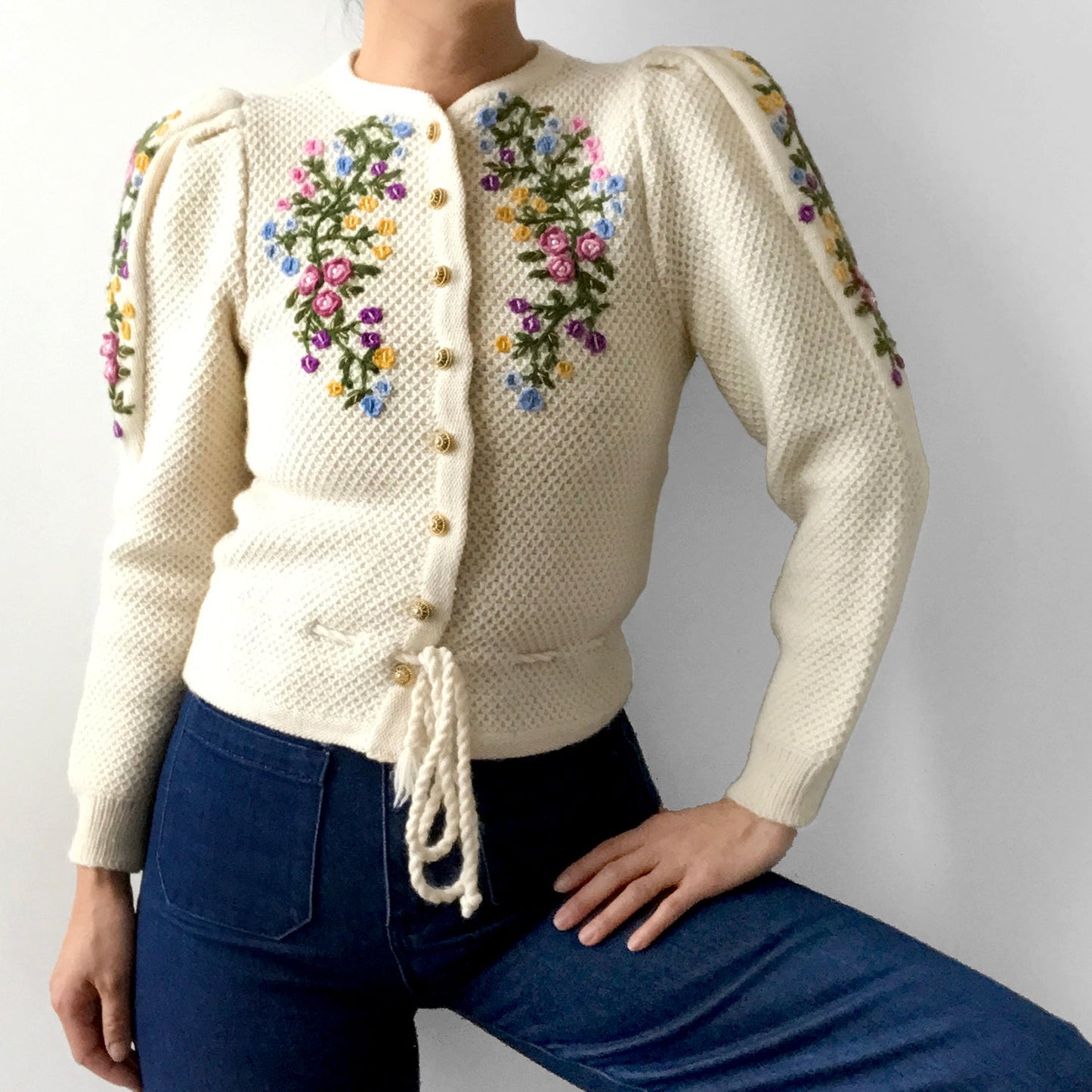 1970s Floral Embroidered Knit Puff-Sleeve Wool Cardigan