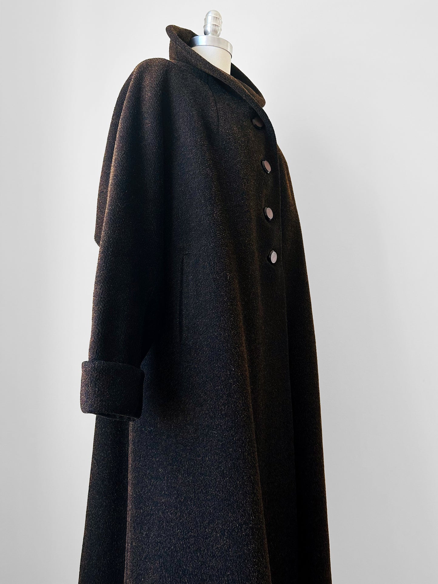 1940s Dark Brown Long Heavy Wool A-Line Dress Coat - S/M