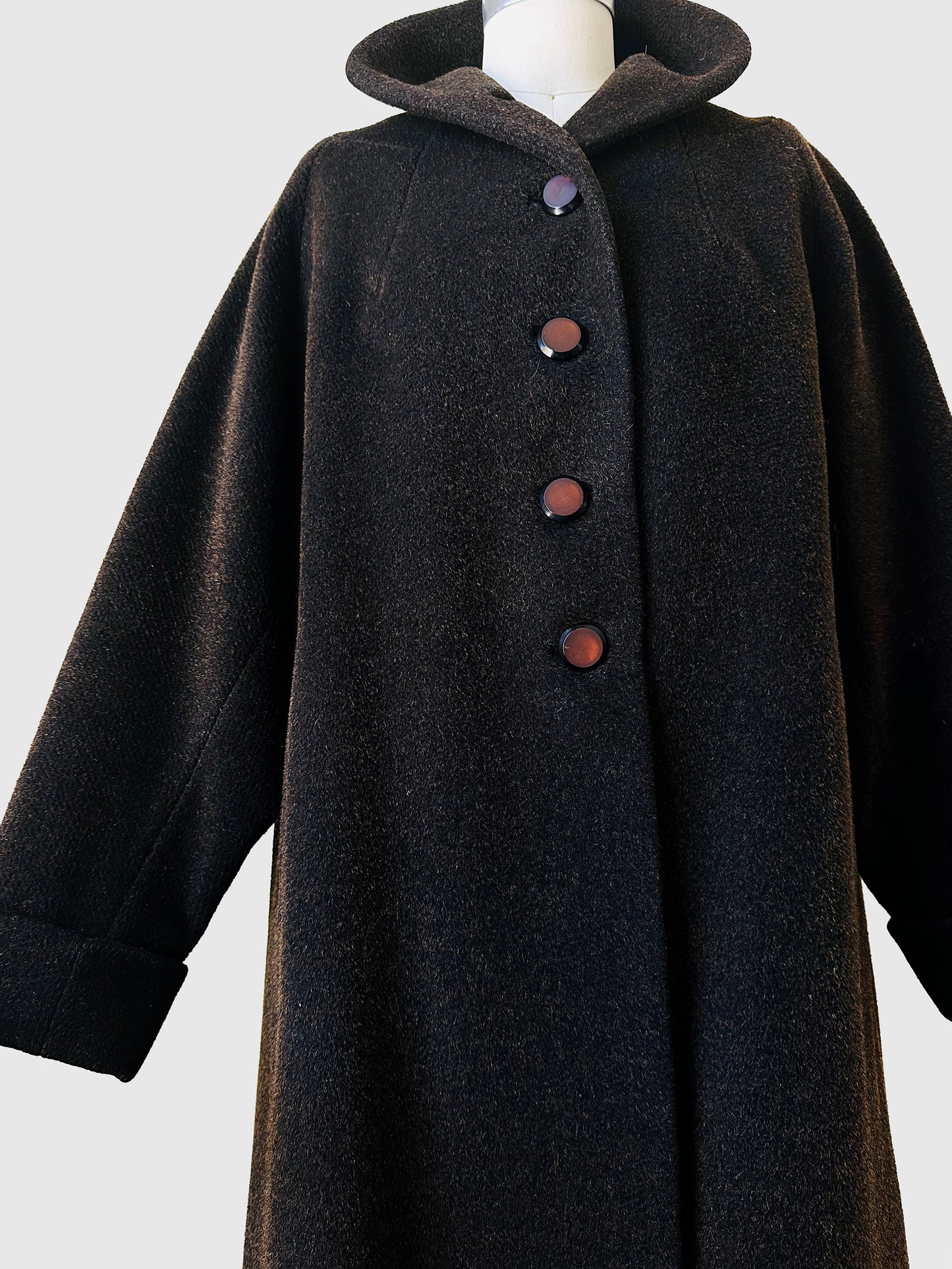 1940s Dark Brown Long Heavy Wool A-Line Dress Coat - S/M