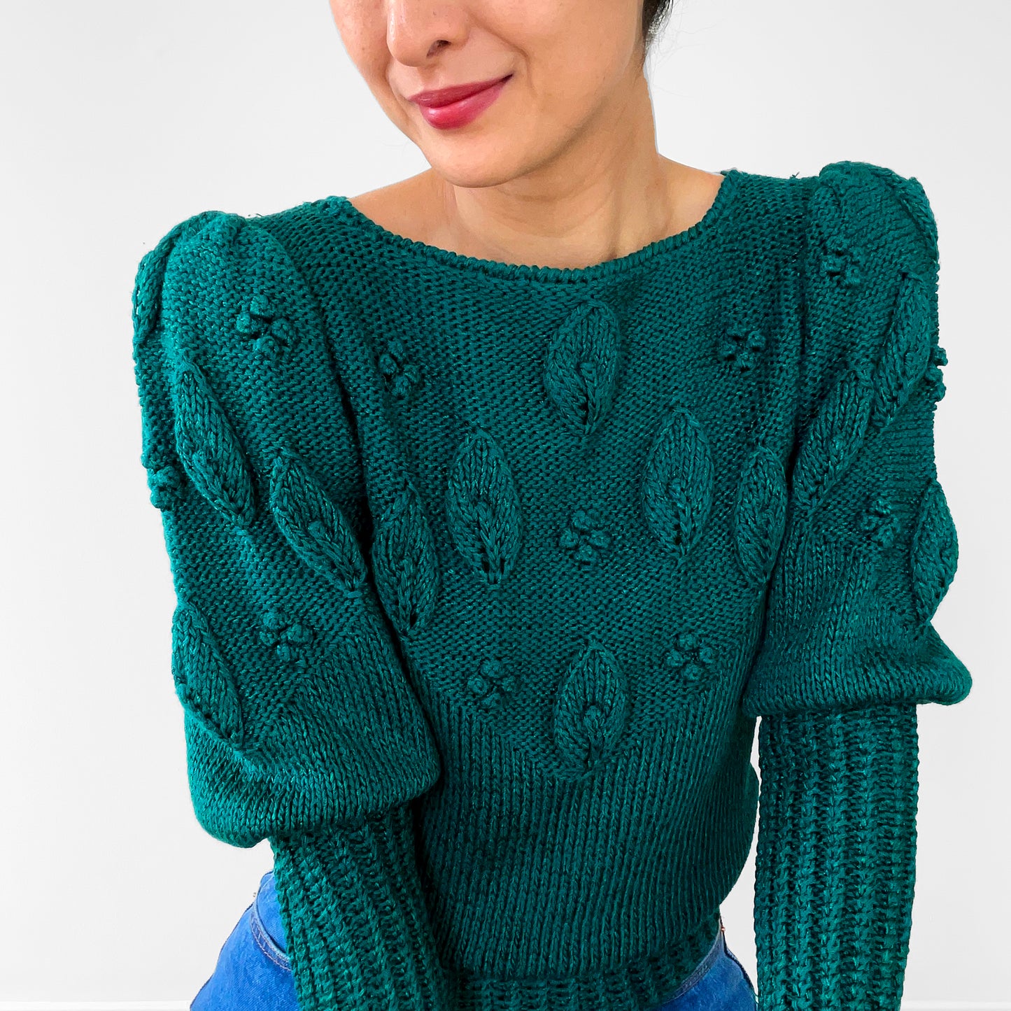 1980s Emerald Green Bobble Knit Leaf Top