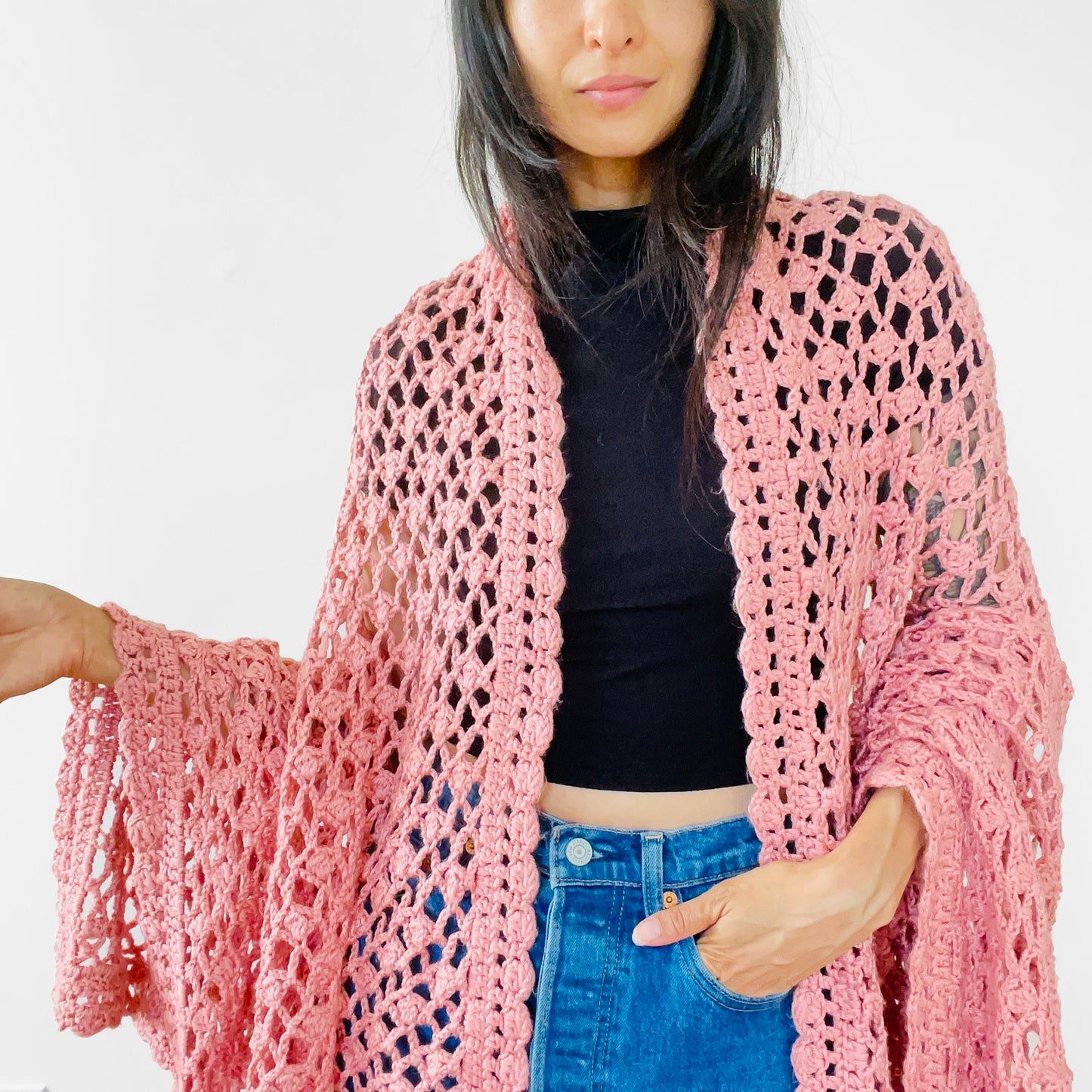 Rose Pink Crochet Knit Shawl