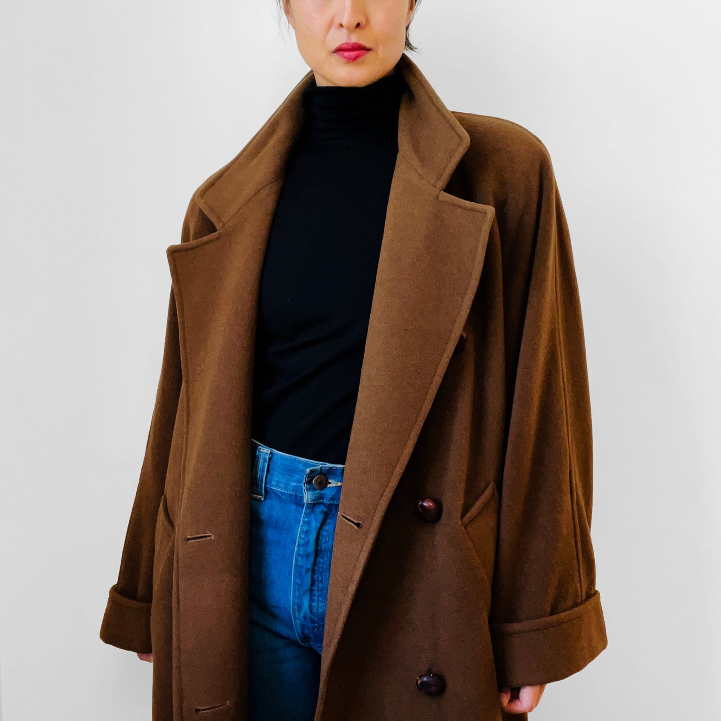 1980s Cognac Wool Cashmere Double-Breasted Overcoat - S/M/L