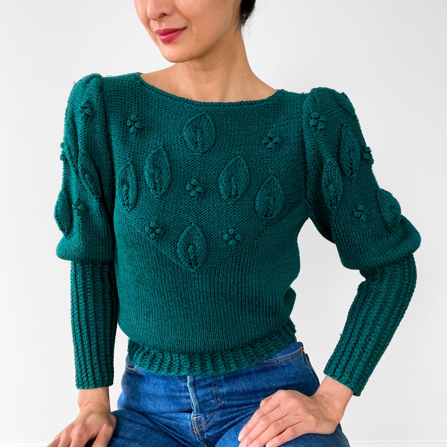 1980s Emerald Green Bobble Knit Leaf Top