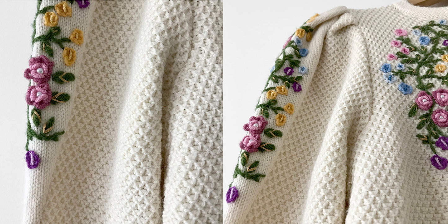 1970s Floral Embroidered Knit Puff-Sleeve Wool Cardigan