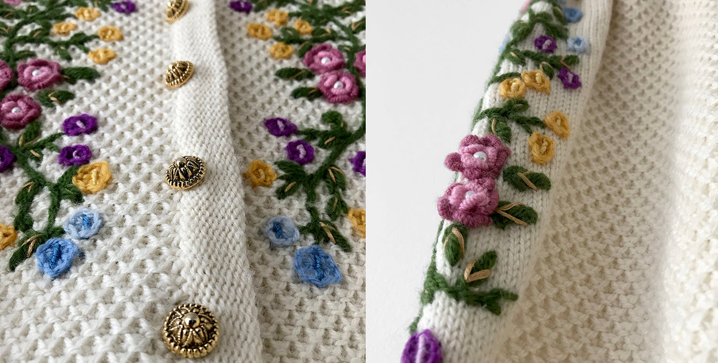 1970s Floral Embroidered Knit Puff-Sleeve Wool Cardigan