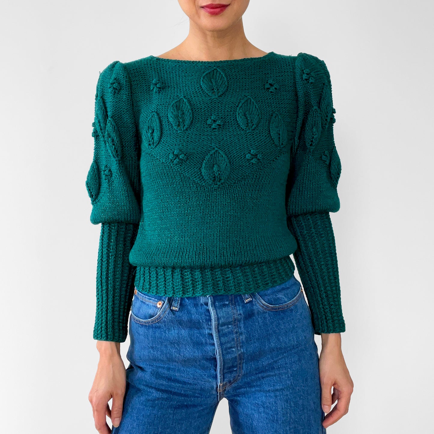 1980s Emerald Green Bobble Knit Leaf Top