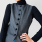 1990s Simon Chang Dark Charcoal Grey Lined Velvet Button Front Fitted Vest - Sz. M