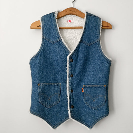 1970s Lambswool Lined Snap Button Denim Jean Vest