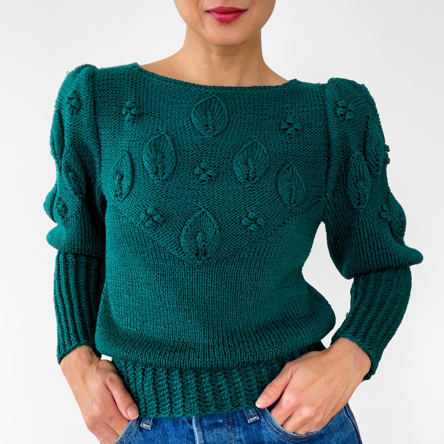 1980s Emerald Green Bobble Knit Leaf Top