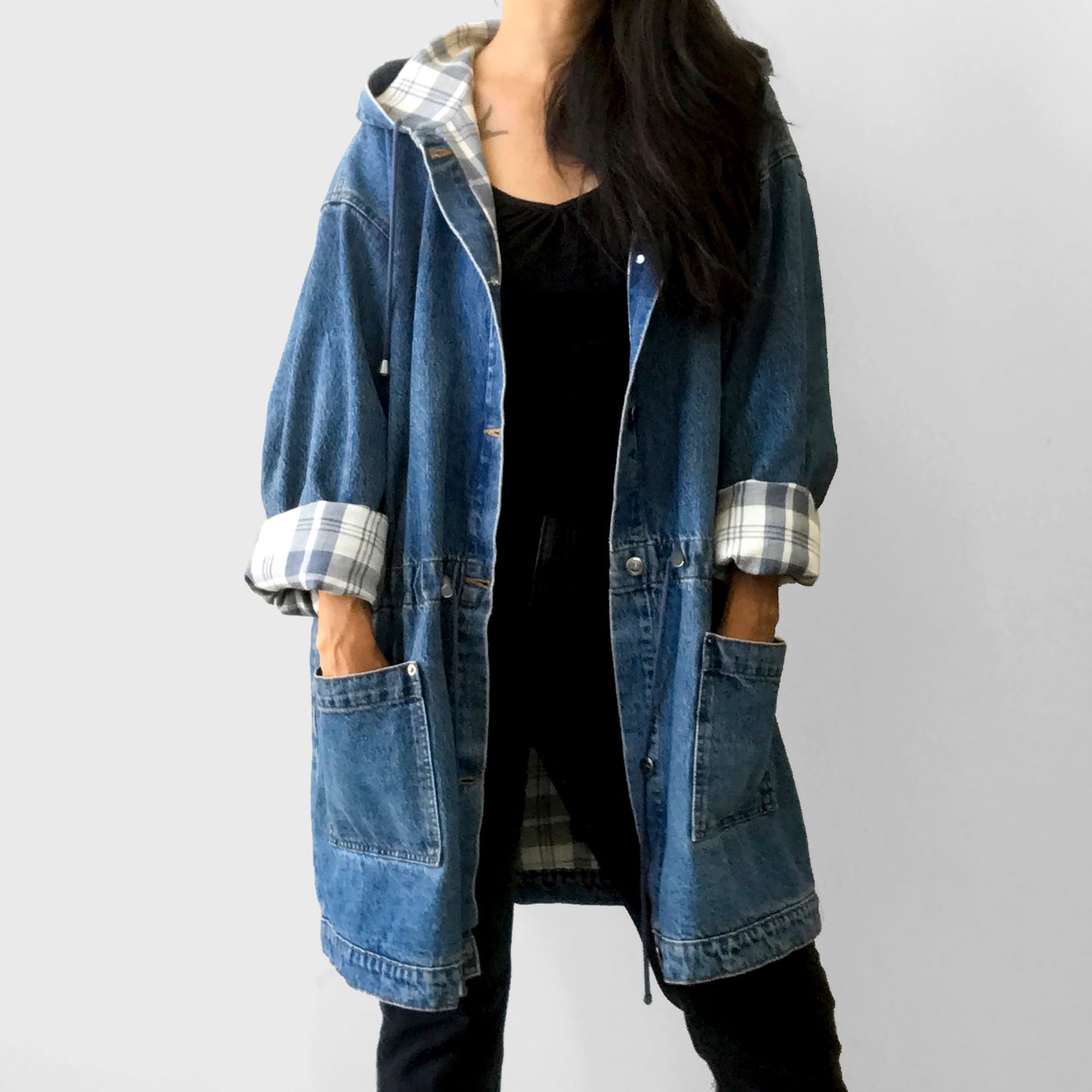 1980s Made in Canada Hooded Denim Plaid-Lined Cinched Waist Denim Jean Jacket