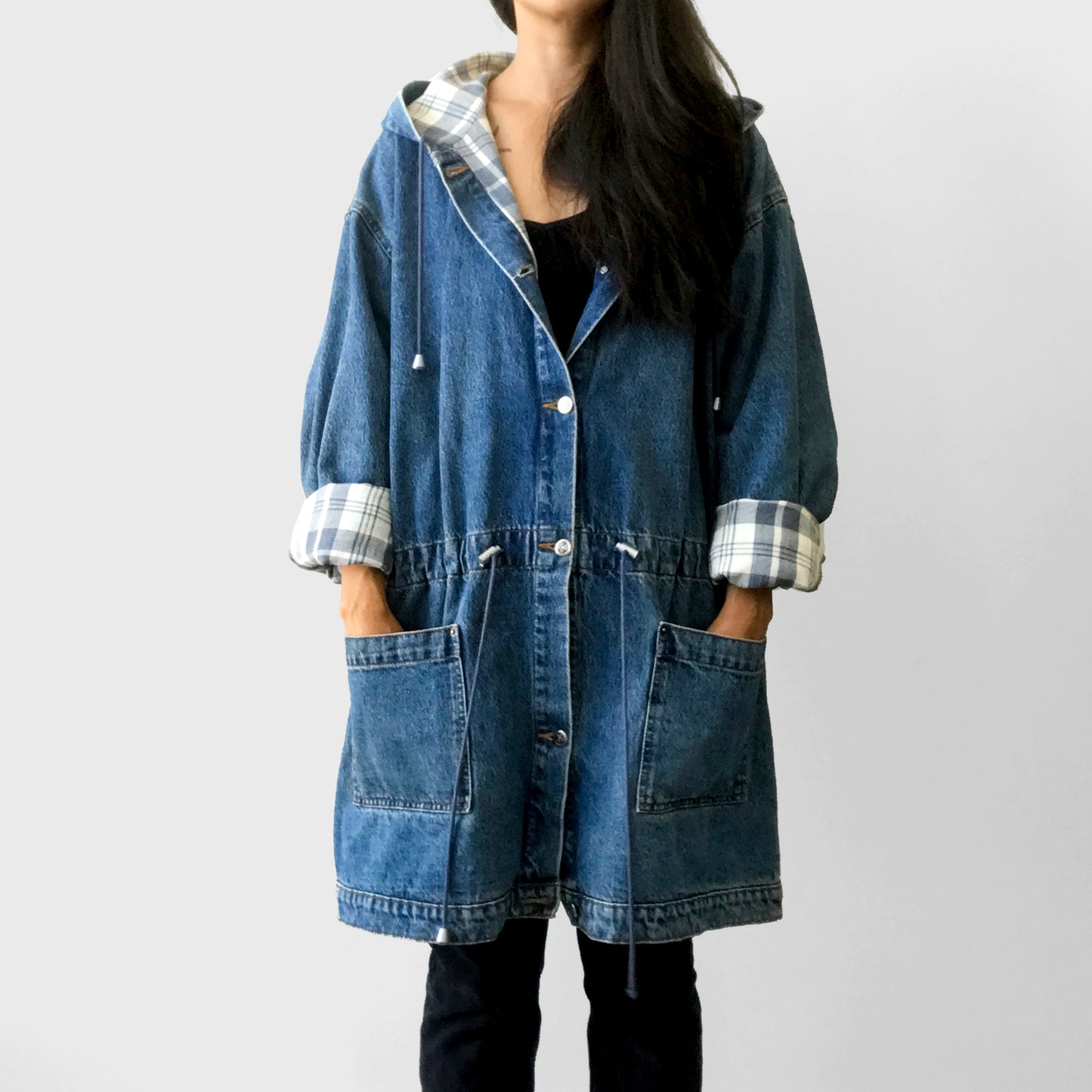 1980s Made in Canada Hooded Denim Plaid-Lined Cinched Waist Denim Jean Jacket