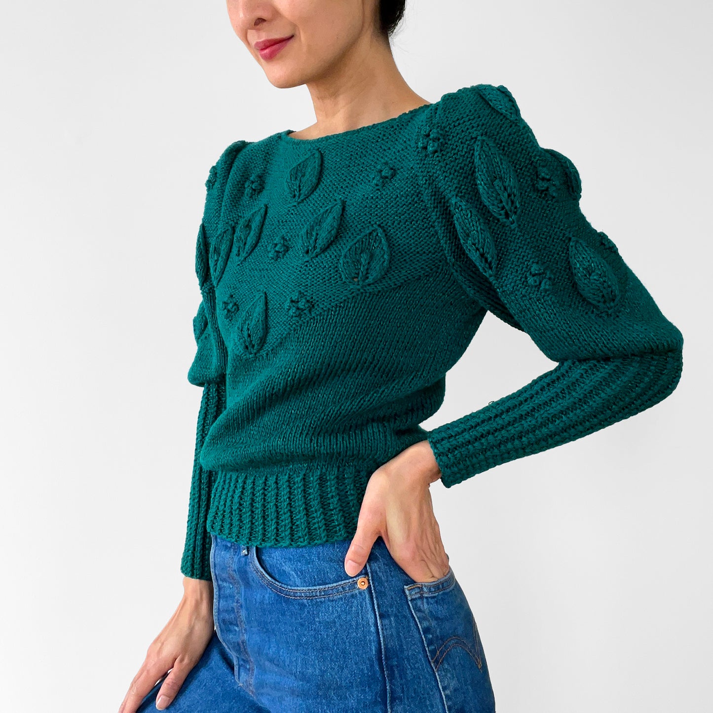 1980s Emerald Green Bobble Knit Leaf Top