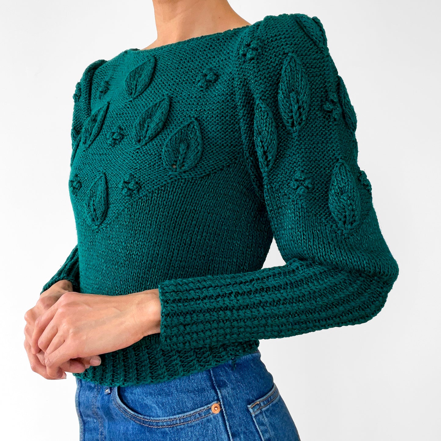 1980s Emerald Green Bobble Knit Leaf Top